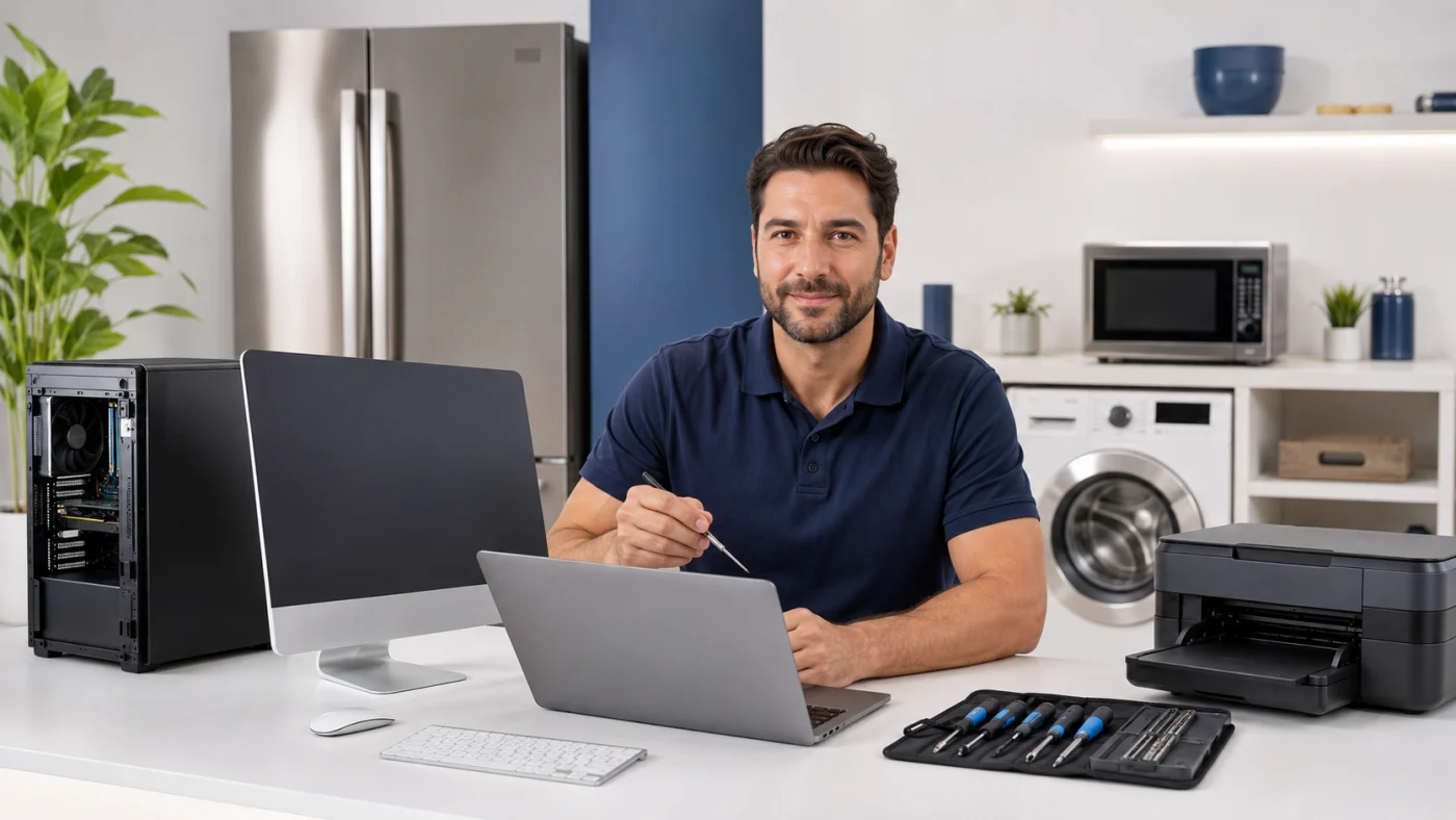 Repair technician with computers and home appliances